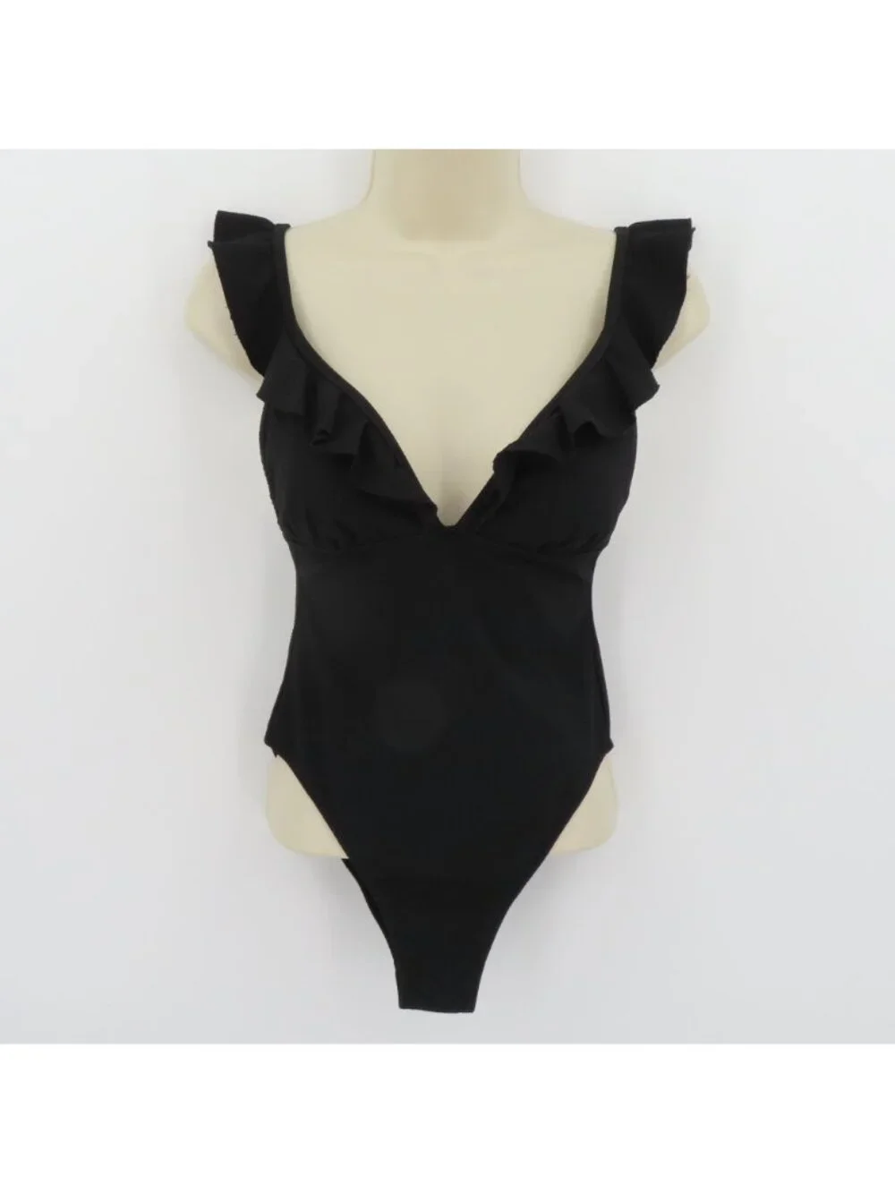 J Crew Women 2 Solid Black Puckered One Piece Swimsuit Ruffle Straps V Neck
